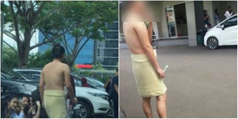 Berjalan lewati beberapa wanita sambil pegang sikat gigi foto pria pakai handuk saat gempa ini viral