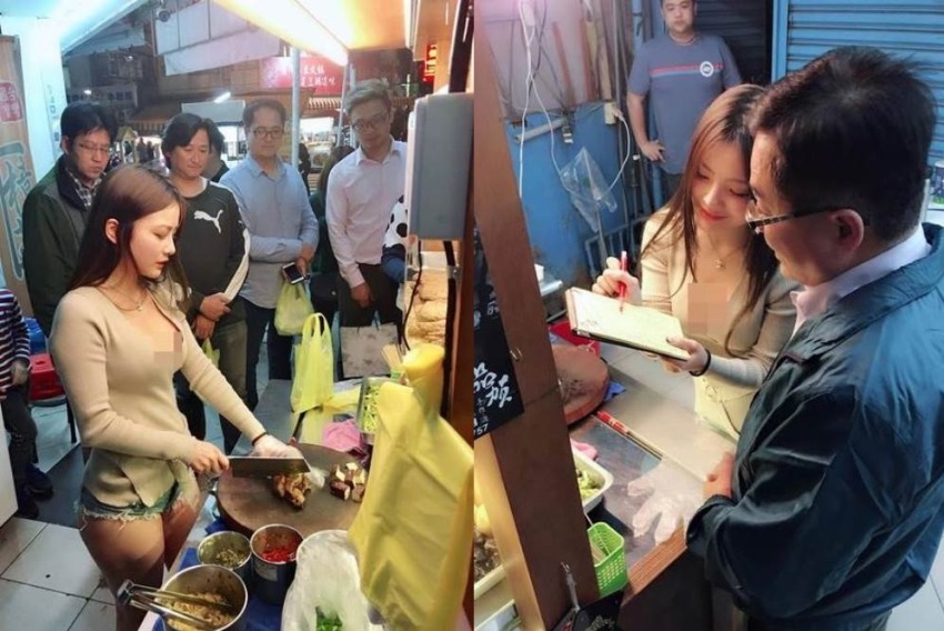 Berpakaian seksi dan berparas cantik, foto penjual makanan 