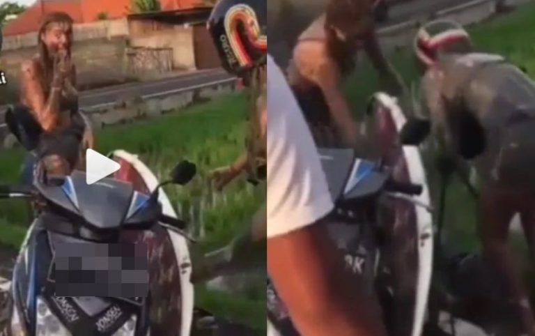 Bawa papan surfing naik motor dua bule wanita ini nyemplung ke sawah inikah yang dinamakan bulepotan