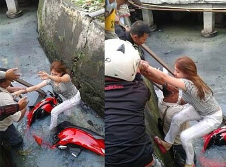 Cewek cantik nyemplung ke got para pria ini rebutan buat nolong dasar cowok