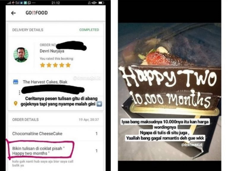 Salah pesan tulisan di kue anniversarry driver ojol ini bikin gemes sekaligus ngakak gagal romantis