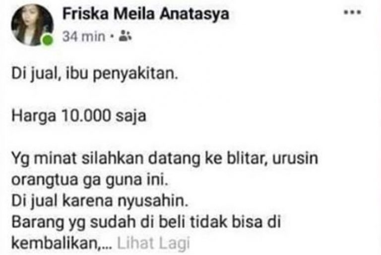 Sungguh kejam seorang anak jual ibu seharga Rp 10 ribu dan memakinya di Facebook
