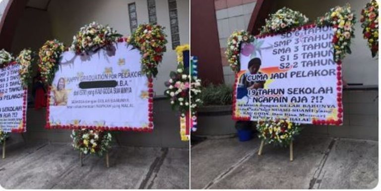 Viral warganet kirimkan karangan bunga untuk pelakor pada saat acara wisuda S2