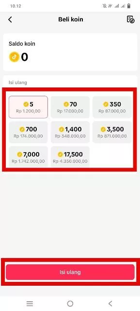 Pilih koin dan isi ulang